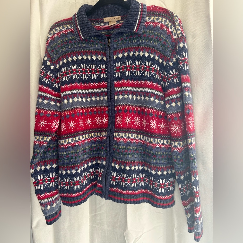 Mountain Lake Nordic Fair Isle Christmas Grandma Cotton Blend Zip‎ Up Sweater